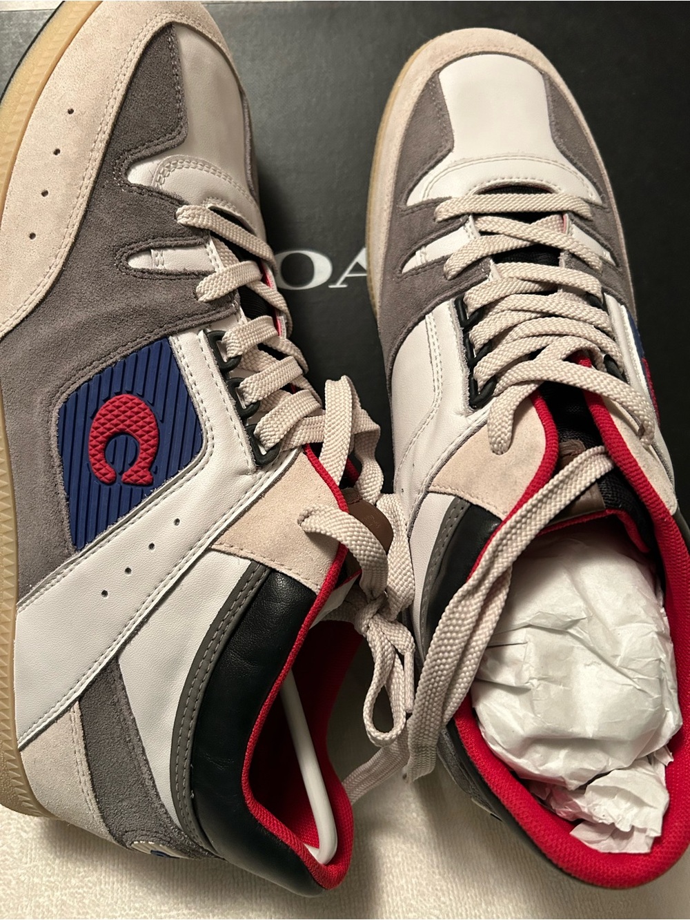 Coach Men's Grey, White & Red Leather Suede Sneakers